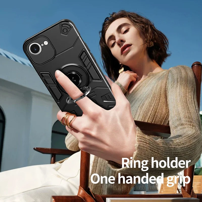 For iPhone 17e / 16e Case with Ring Holder Kickstand PC + TPU Anti-Fall Phone Cover - Black