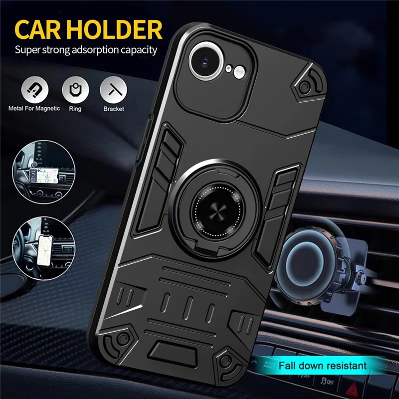 For iPhone 17e / 16e Case with Ring Holder Kickstand PC + TPU Anti-Fall Phone Cover - Black