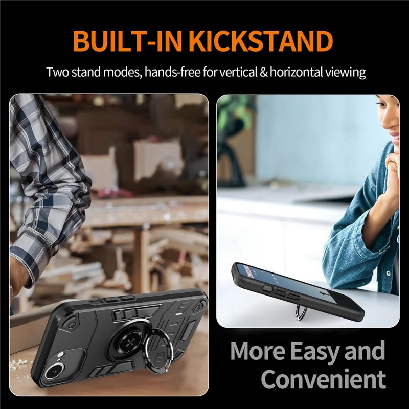 For iPhone 17e / 16e Case with Ring Holder Kickstand PC + TPU Anti-Fall Phone Cover - Black
