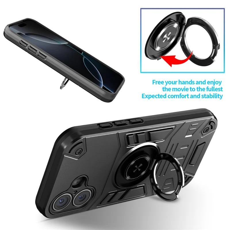 For iPhone 17 Case with Ring Holder Kickstand PC + TPU Anti-Fall Phone Cover - Black