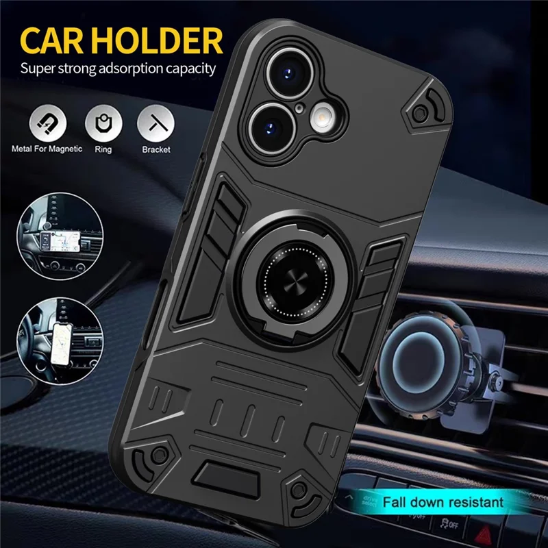 For iPhone 17 Case with Ring Holder Kickstand PC + TPU Anti-Fall Phone Cover - Black