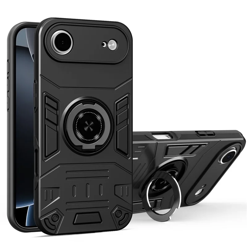 For iPhone Air Case with Ring Holder Kickstand PC + TPU Anti-Fall Phone Cover - Black