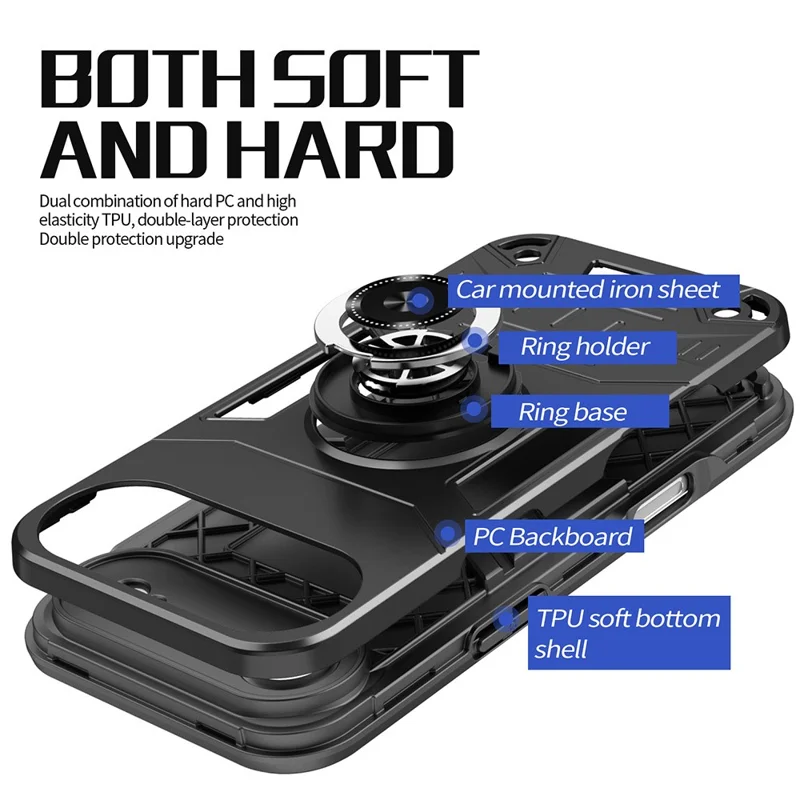 For iPhone Air Case with Ring Holder Kickstand PC + TPU Anti-Fall Phone Cover - Black