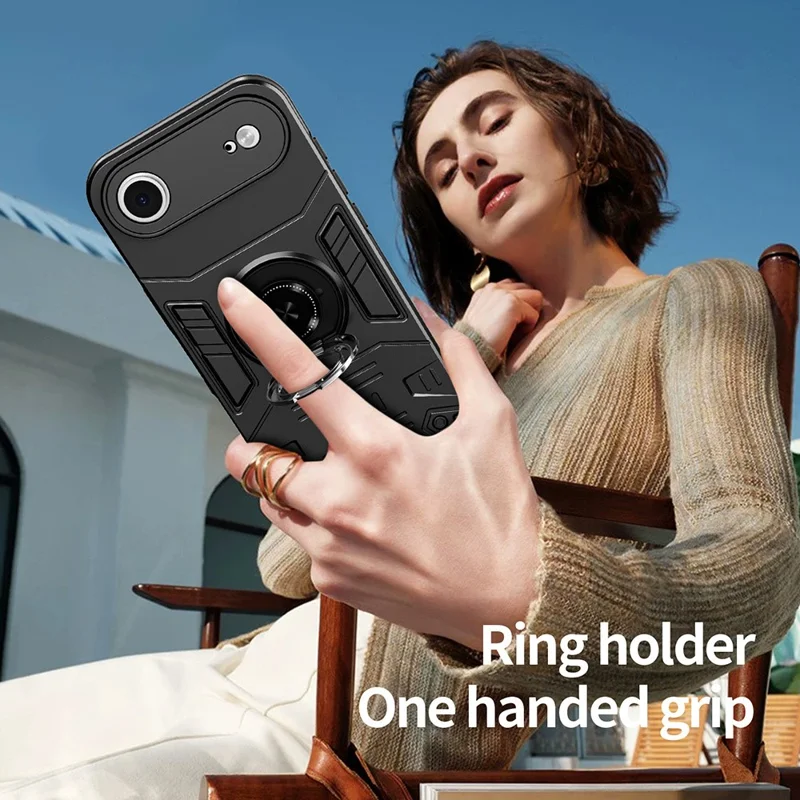 For iPhone Air Case with Ring Holder Kickstand PC + TPU Anti-Fall Phone Cover - Black