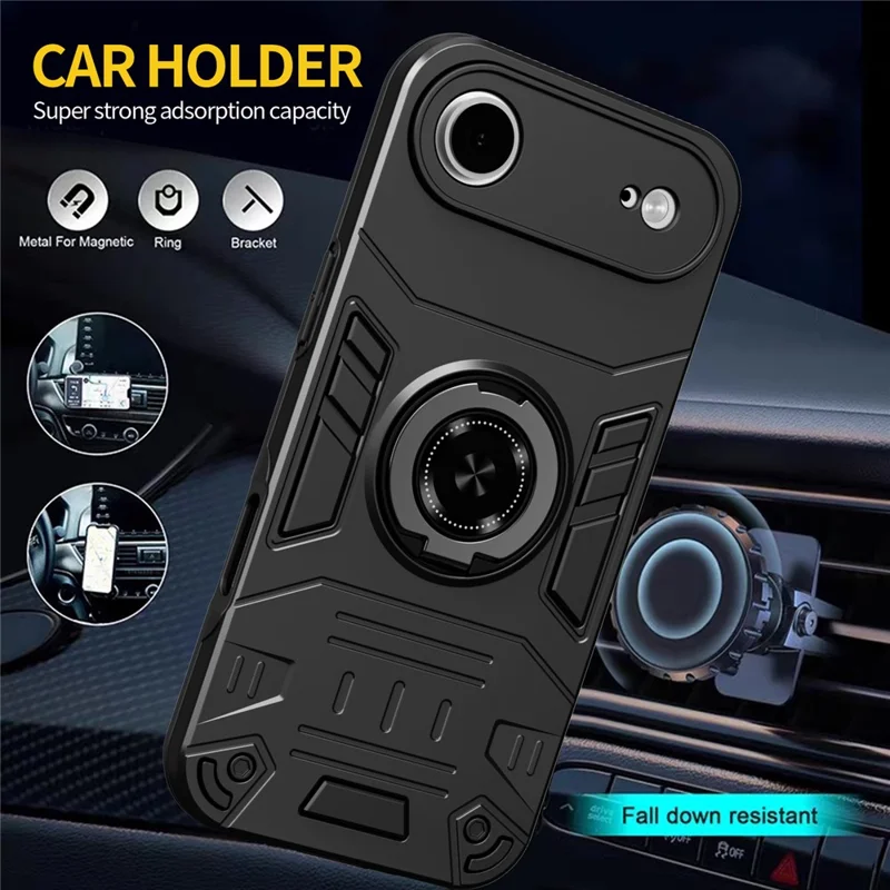 For iPhone Air Case with Ring Holder Kickstand PC + TPU Anti-Fall Phone Cover - Black