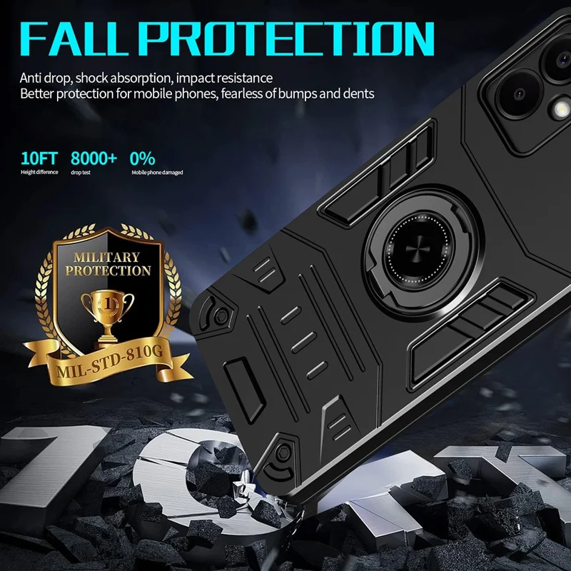 For Samsung Galaxy A06 4G Case with Ring Holder Kickstand PC + TPU Anti-Fall Phone Cover - Black