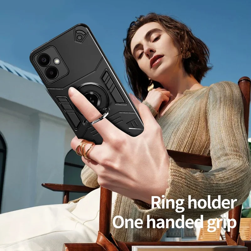 For Samsung Galaxy A06 4G Case with Ring Holder Kickstand PC + TPU Anti-Fall Phone Cover - Black