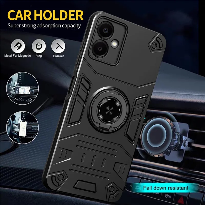 For Samsung Galaxy A06 4G Case with Ring Holder Kickstand PC + TPU Anti-Fall Phone Cover - Black