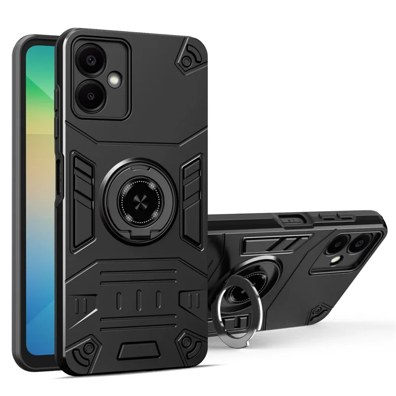 For Samsung Galaxy A06 5G Case with Ring Holder Kickstand PC + TPU Anti-Fall Phone Cover - Black