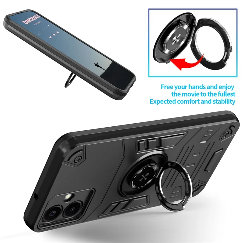 For Samsung Galaxy A06 5G Case with Ring Holder Kickstand PC + TPU Anti-Fall Phone Cover - Black