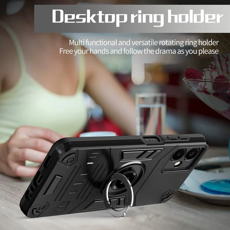 For Samsung Galaxy A06 5G Case with Ring Holder Kickstand PC + TPU Anti-Fall Phone Cover - Black