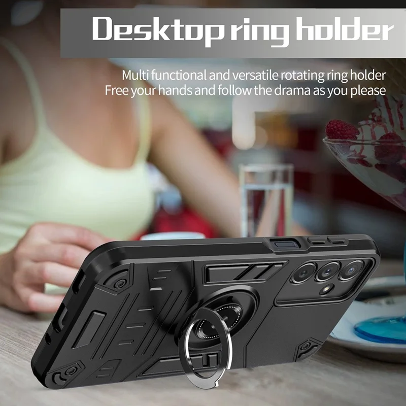 For Samsung Galaxy A16 4G / 5G Case with Ring Holder Kickstand PC + TPU Anti-Fall Phone Cover - Black