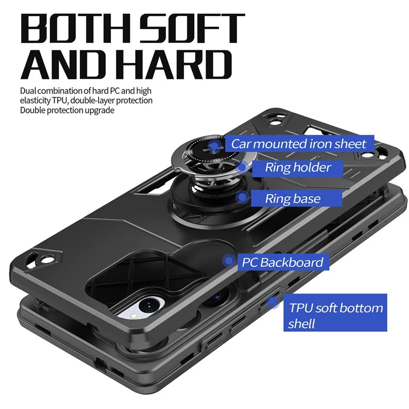 For Samsung Galaxy S25 Ultra Case with Ring Holder Kickstand PC + TPU Anti-Fall Phone Cover - Black