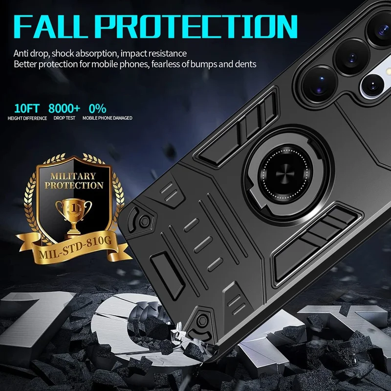 For Samsung Galaxy S25 Ultra Case with Ring Holder Kickstand PC + TPU Anti-Fall Phone Cover - Black