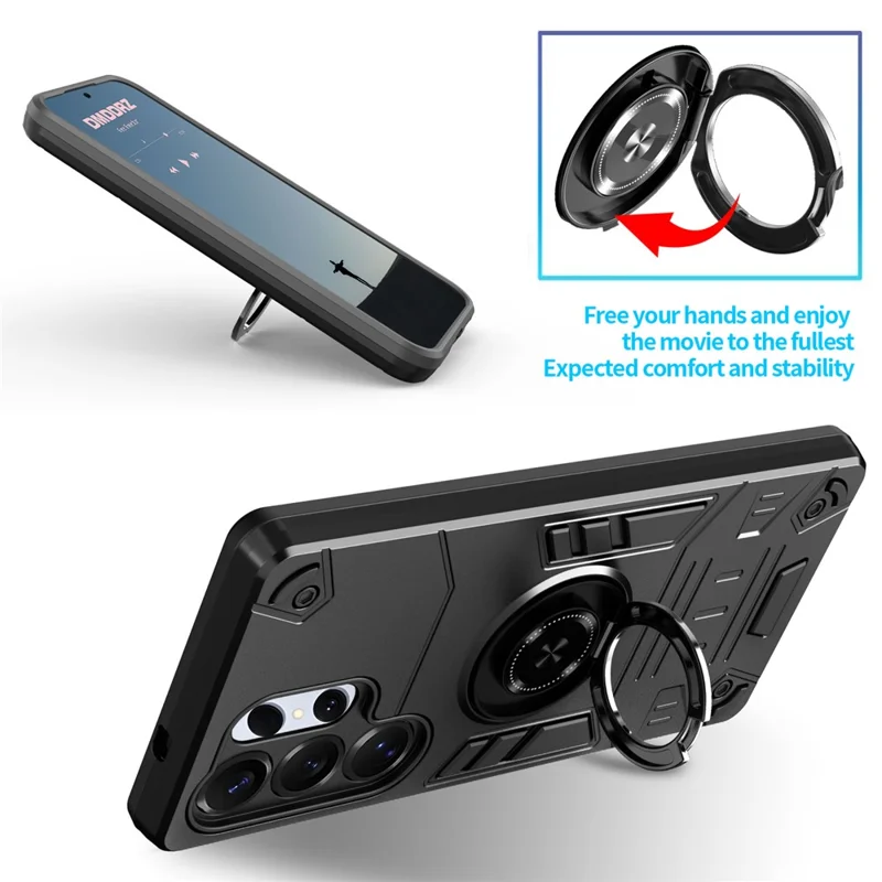 For Samsung Galaxy S25 Ultra Case with Ring Holder Kickstand PC + TPU Anti-Fall Phone Cover - Black