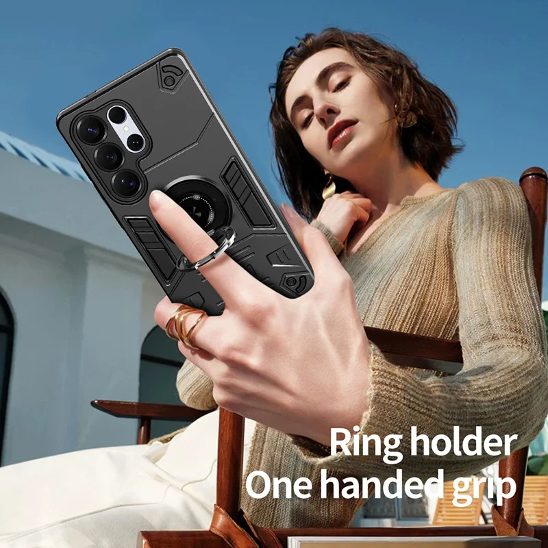 For Samsung Galaxy S25 Ultra Case with Ring Holder Kickstand PC + TPU Anti-Fall Phone Cover - Black