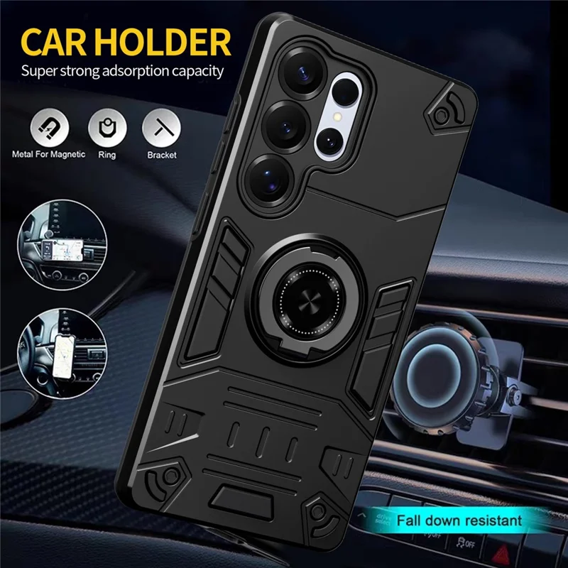 For Samsung Galaxy S25 Ultra Case with Ring Holder Kickstand PC + TPU Anti-Fall Phone Cover - Black