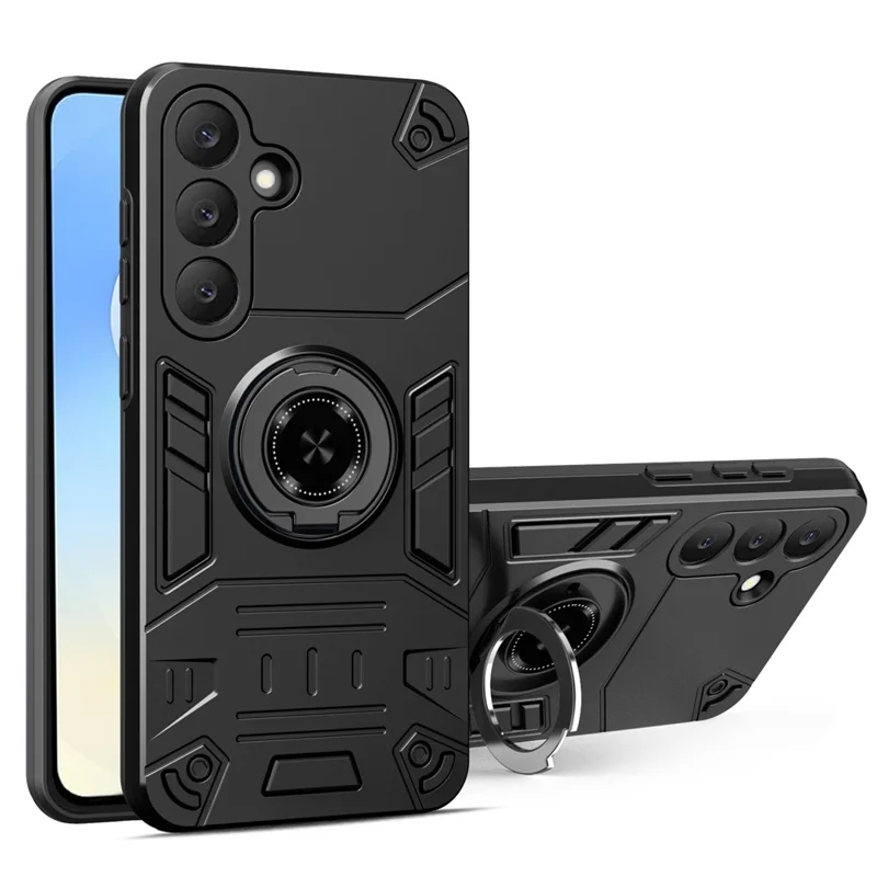 Samsung Galaxy S25 FE hoesje met ringhouder en standaard PC + TPU anti-val telefoonhoes - Zwart