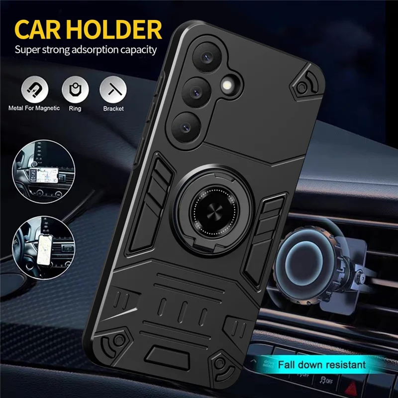 Samsung Galaxy S25 FE hoesje met ringhouder en standaard PC + TPU anti-val telefoonhoes - Zwart