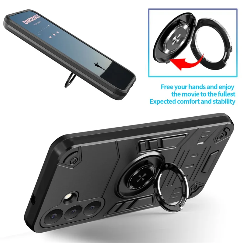 Samsung Galaxy S25+ hoesje met ringhouder en standaard PC + TPU anti-val telefoonhoesje - Zwart