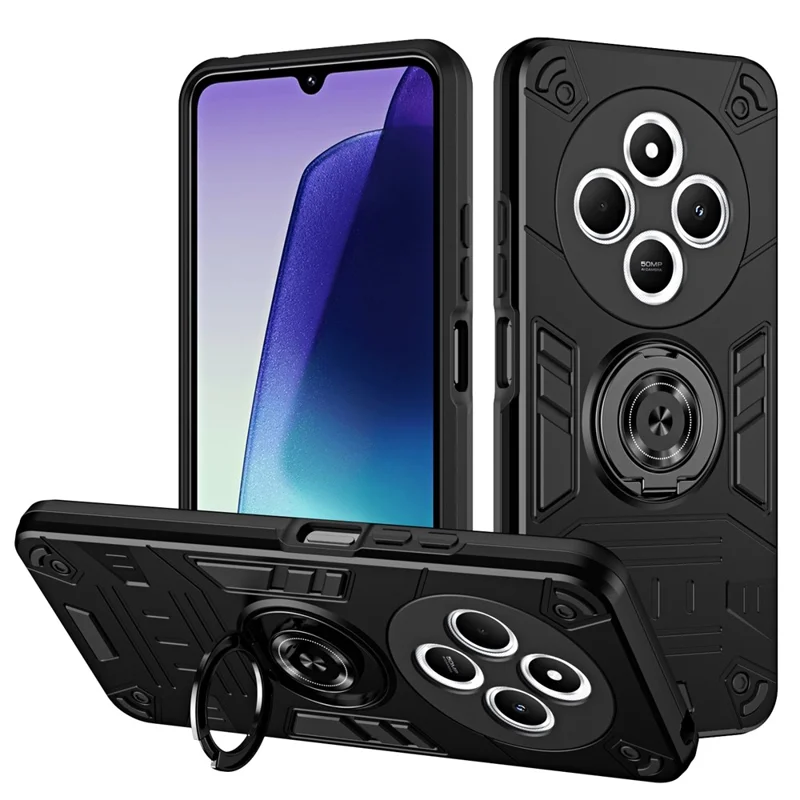 Phone Case For Xiaomi Redmi 14C 4G  / 14R 5G /  A3 Pro 4G / A4 5G / Poco C75 4G PC + TPU Anti-Fall Back Cover with Ring Holder Kickstand - Black