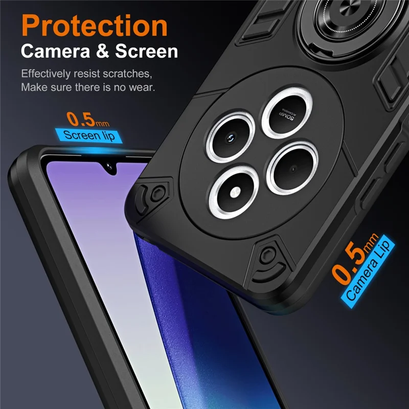 Phone Case For Xiaomi Redmi 14C 4G  / 14R 5G /  A3 Pro 4G / A4 5G / Poco C75 4G PC + TPU Anti-Fall Back Cover with Ring Holder Kickstand - Black