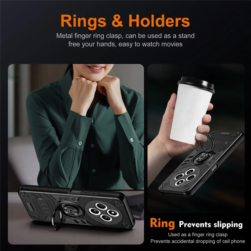 Phone Case For Xiaomi Redmi 14C 4G  / 14R 5G /  A3 Pro 4G / A4 5G / Poco C75 4G PC + TPU Anti-Fall Back Cover with Ring Holder Kickstand - Black