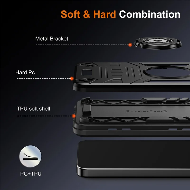 Phone Case For Xiaomi Redmi 14C 4G  / 14R 5G /  A3 Pro 4G / A4 5G / Poco C75 4G PC + TPU Anti-Fall Back Cover with Ring Holder Kickstand - Black