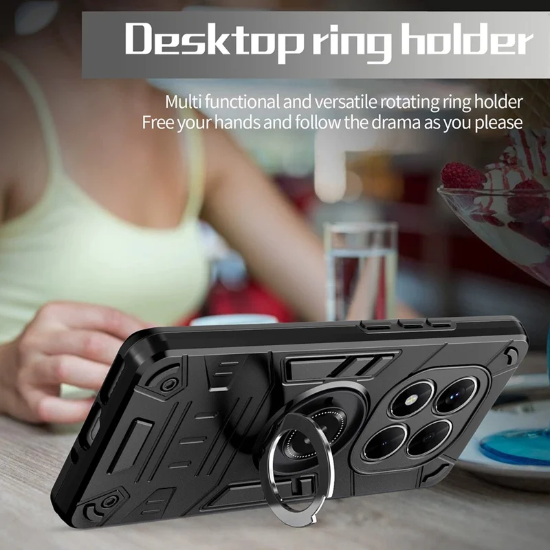 For Xiaomi Redmi Note 14 Pro+ 5G Case with Ring Holder Kickstand PC + TPU Anti-Fall Phone Cover - Black