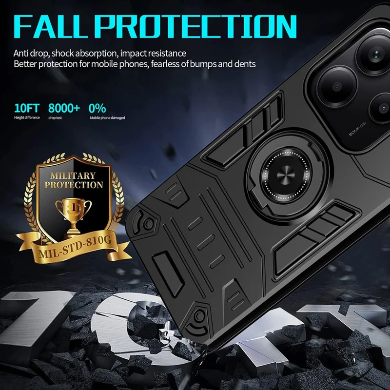 For Xiaomi Redmi Note 14 5G Case with Ring Holder Kickstand PC + TPU Anti-Fall Phone Cover - Black