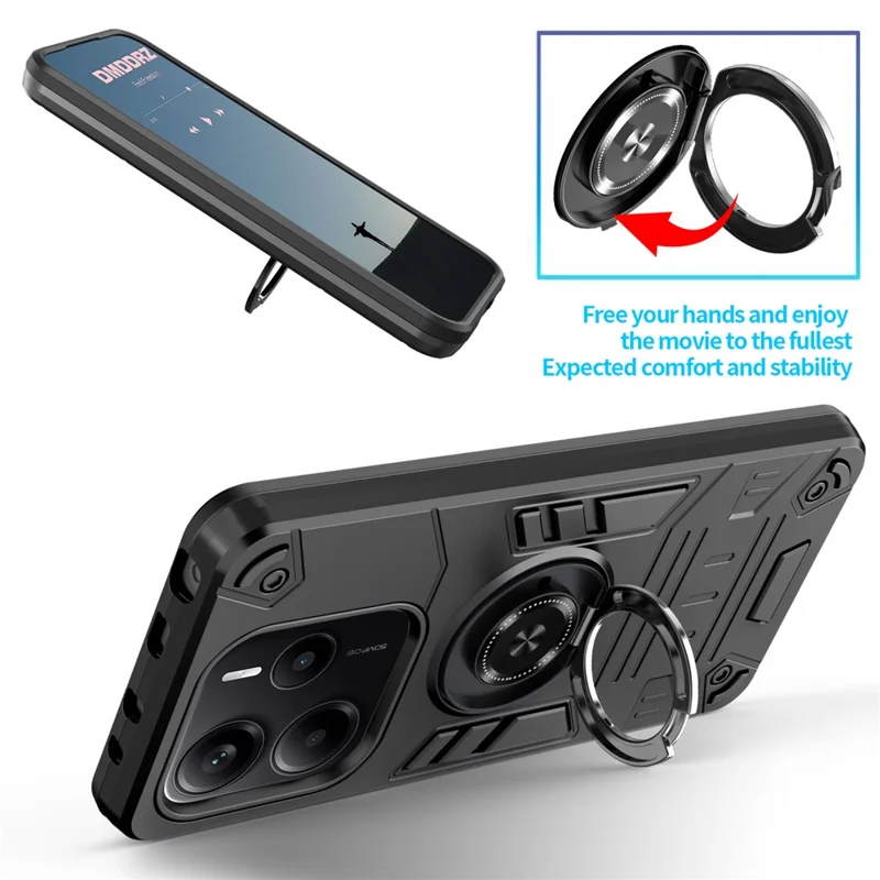 For Xiaomi Redmi Note 14 5G Case with Ring Holder Kickstand PC + TPU Anti-Fall Phone Cover - Black