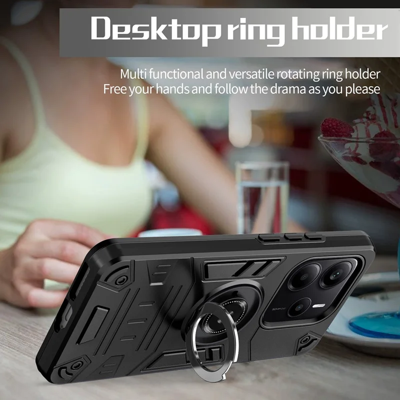 For Xiaomi Redmi Note 14 5G Case with Ring Holder Kickstand PC + TPU Anti-Fall Phone Cover - Black