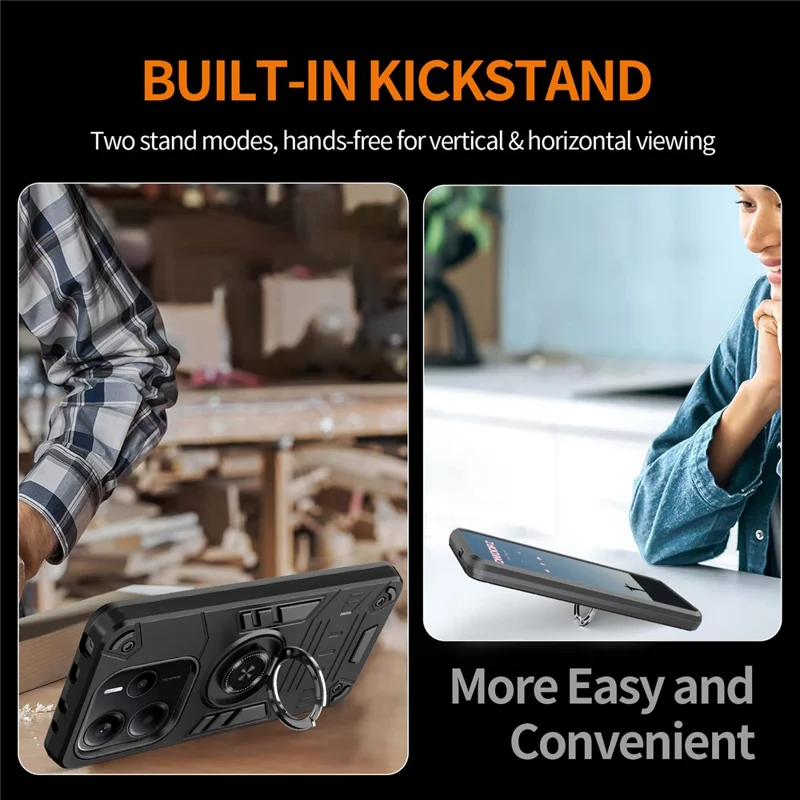 For Xiaomi Redmi Note 14 5G Case with Ring Holder Kickstand PC + TPU Anti-Fall Phone Cover - Black