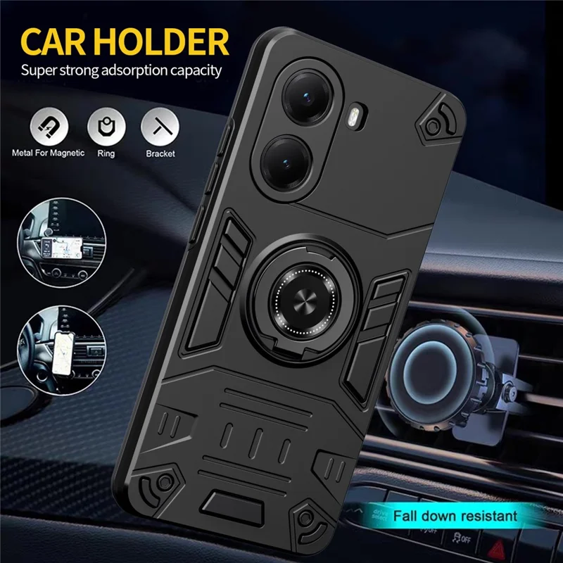 Xiaomi Poco X7 Pro 5G / Redmi Turbo 4 5G hoes met ringhouder en kickstand PC + TPU anti-val telefoonhoes - Zwart