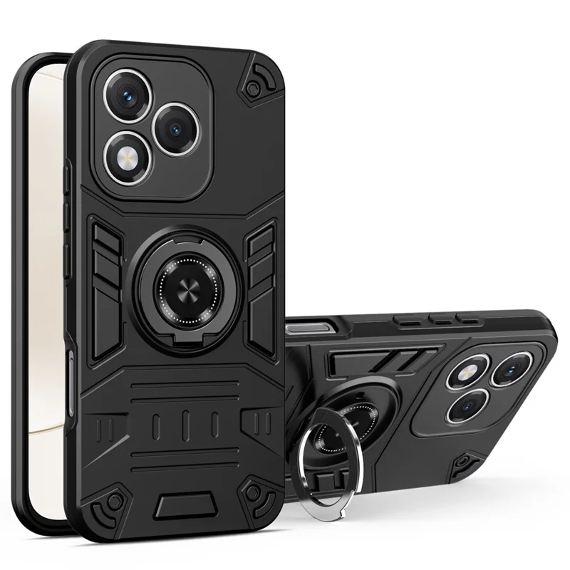 For Honor 400 Lite 5G Case with Ring Holder Kickstand PC + TPU Anti-Fall Phone Cover - Black