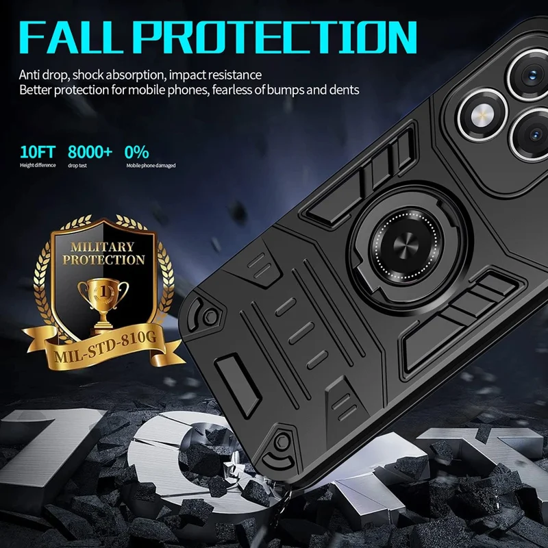 For Honor 400 Lite 5G Case with Ring Holder Kickstand PC + TPU Anti-Fall Phone Cover - Black