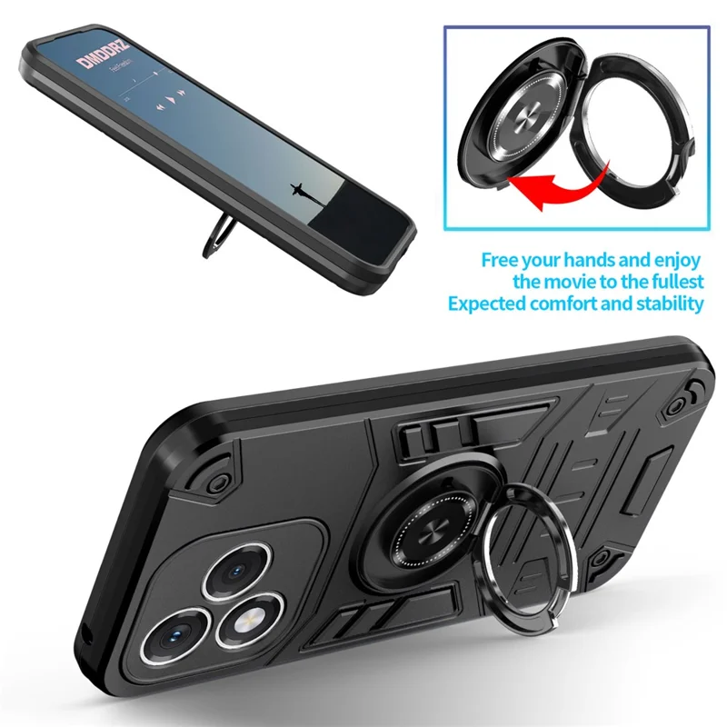 For Honor 400 Lite 5G Case with Ring Holder Kickstand PC + TPU Anti-Fall Phone Cover - Black