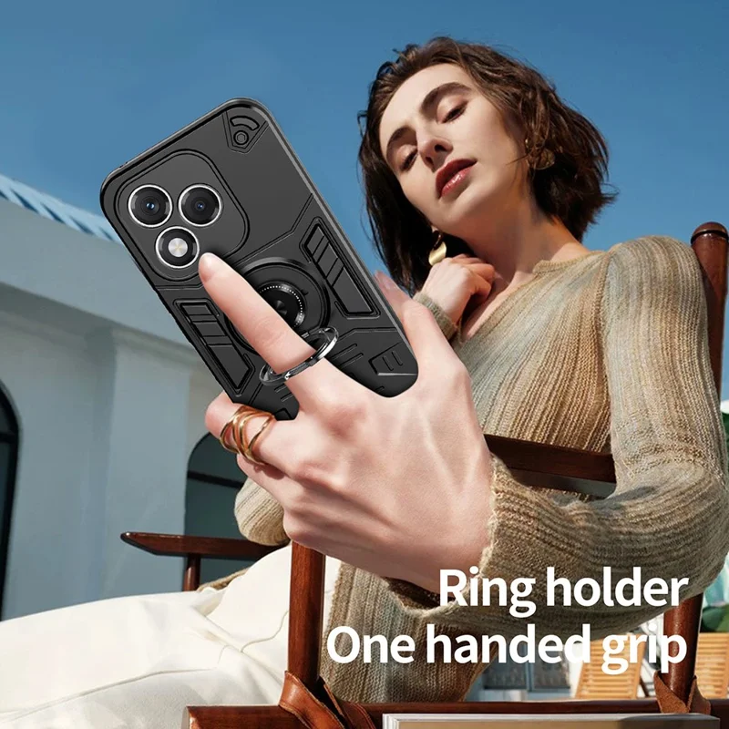 For Honor 400 Lite 5G Case with Ring Holder Kickstand PC + TPU Anti-Fall Phone Cover - Black