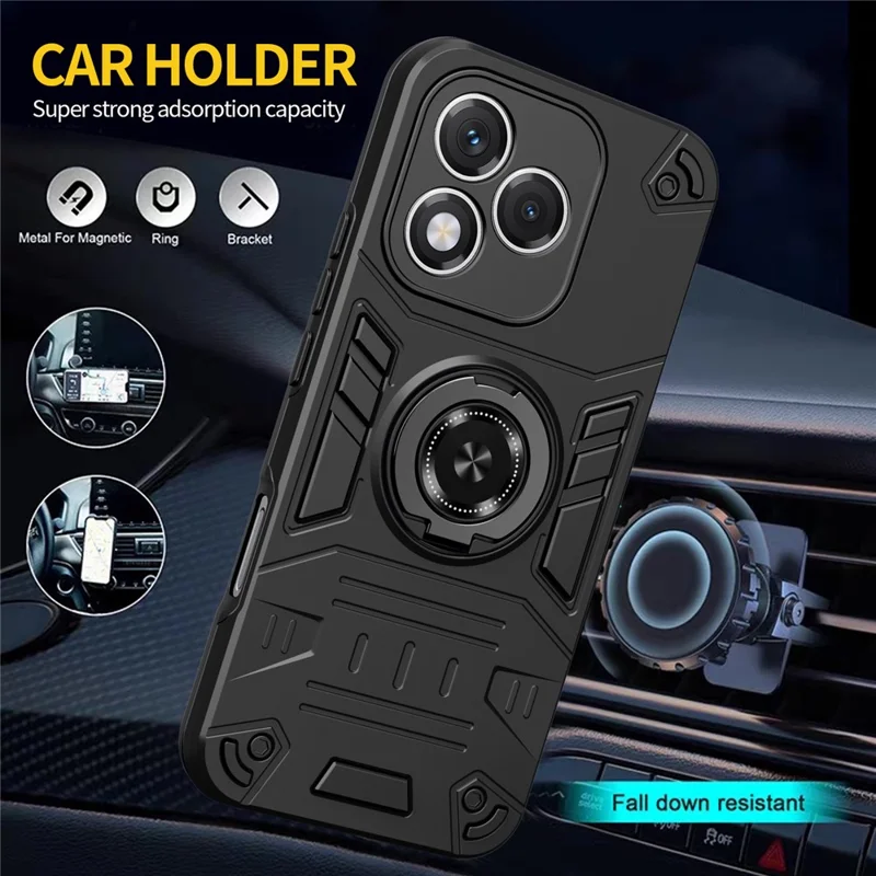 For Honor 400 Lite 5G Case with Ring Holder Kickstand PC + TPU Anti-Fall Phone Cover - Black