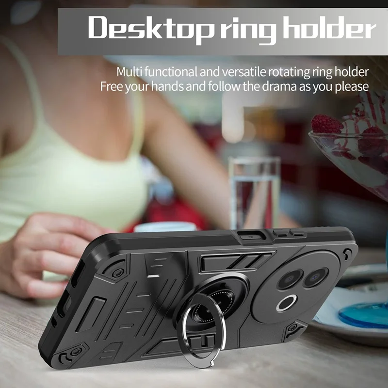 For vivo Y39 5G Case with Ring Holder Kickstand PC + TPU Anti-Fall Phone Cover - Black