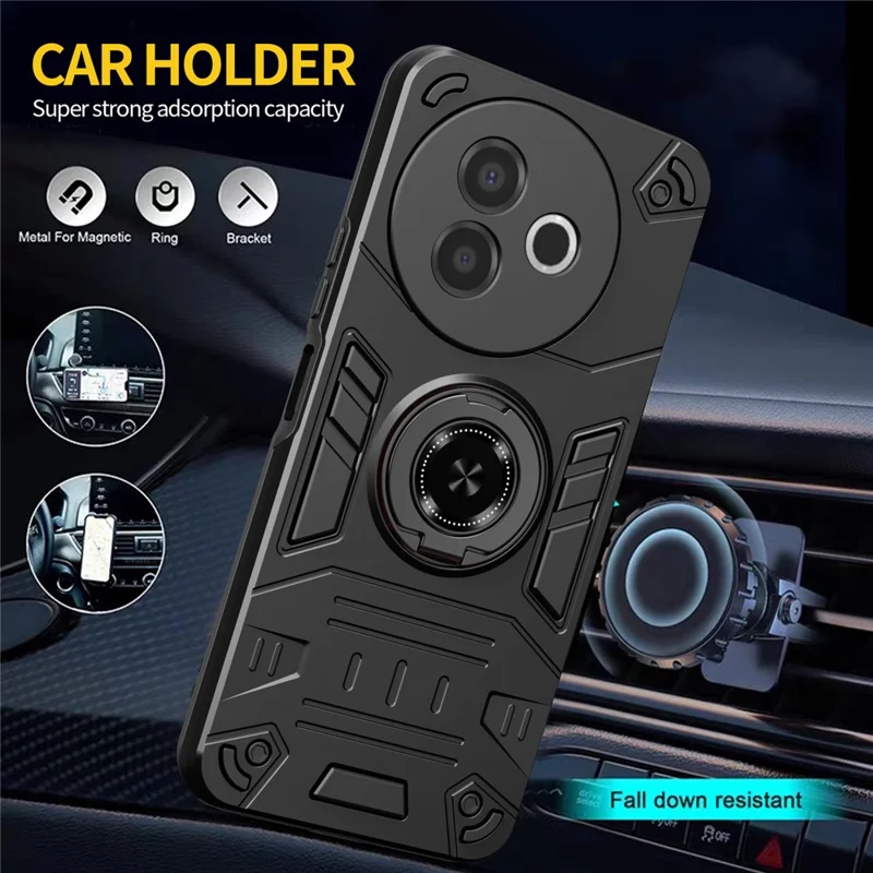 For vivo Y39 5G Case with Ring Holder Kickstand PC + TPU Anti-Fall Phone Cover - Black
