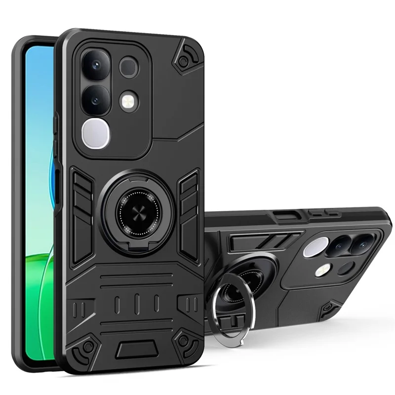 For vivo Y29 4G Case with Ring Holder Kickstand PC + TPU Anti-Fall Phone Cover - Black