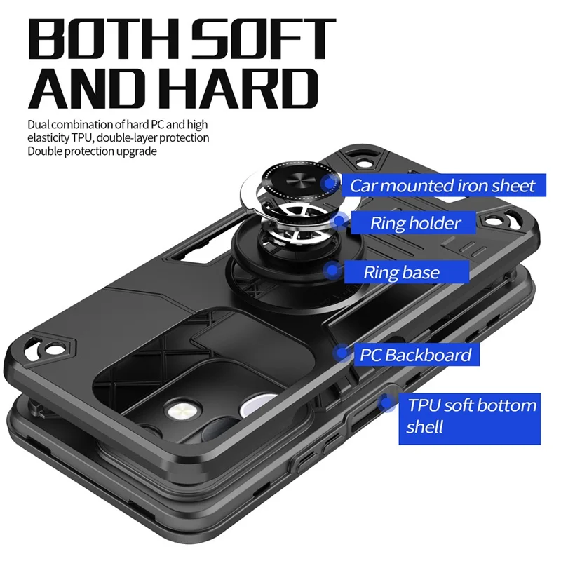 For vivo Y29 4G Case with Ring Holder Kickstand PC + TPU Anti-Fall Phone Cover - Black
