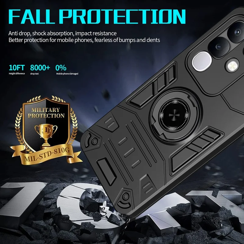 For vivo Y29 4G Case with Ring Holder Kickstand PC + TPU Anti-Fall Phone Cover - Black