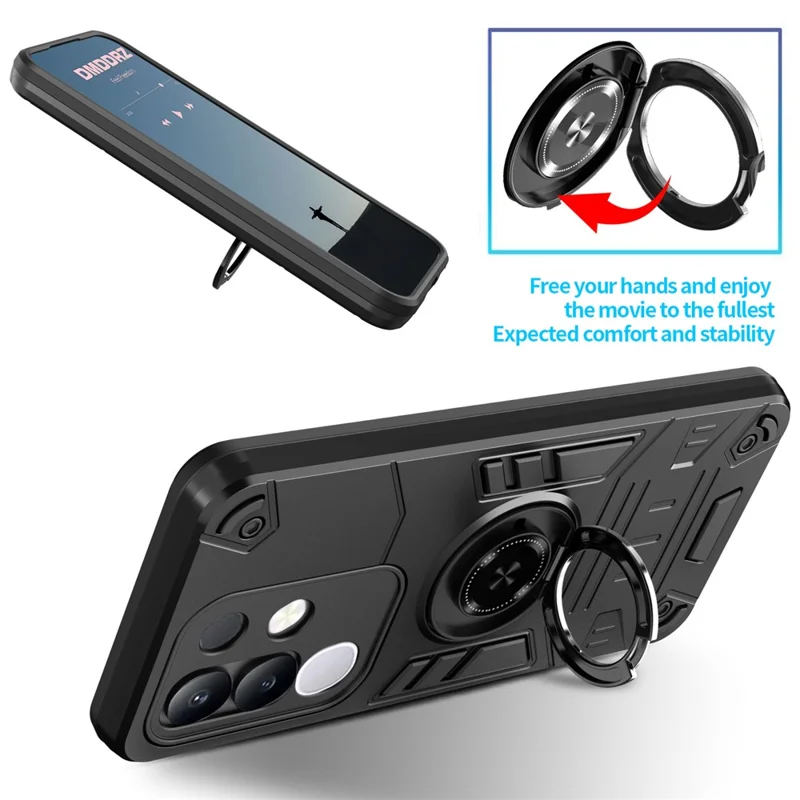 For vivo Y29 4G Case with Ring Holder Kickstand PC + TPU Anti-Fall Phone Cover - Black