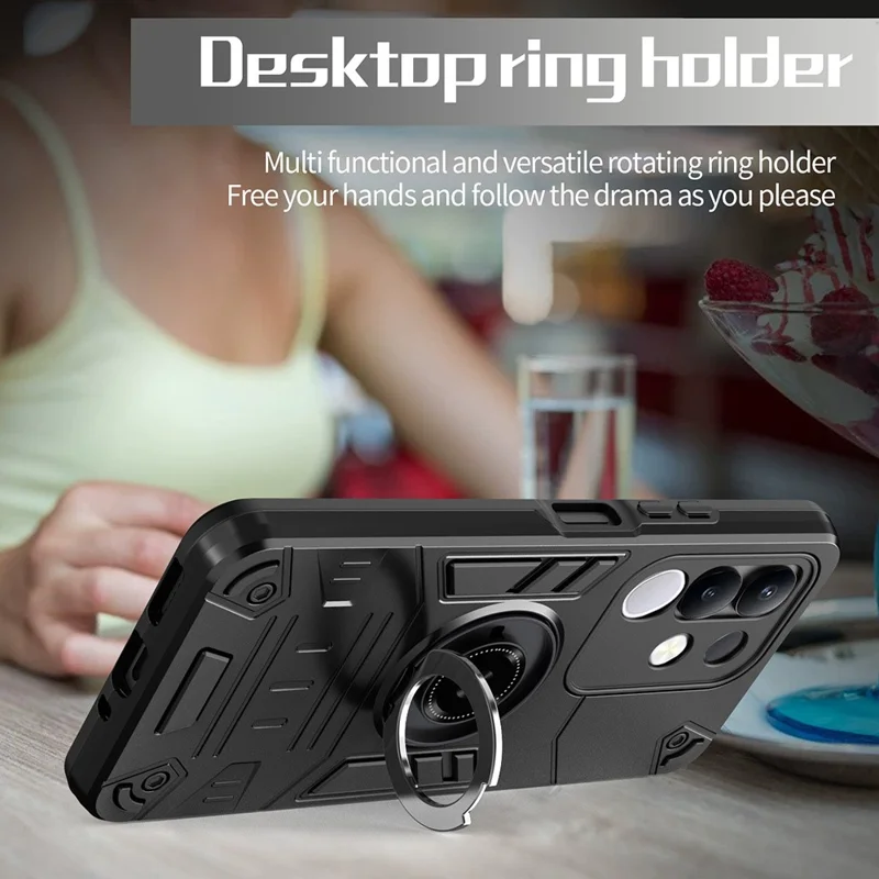 For vivo Y29 4G Case with Ring Holder Kickstand PC + TPU Anti-Fall Phone Cover - Black