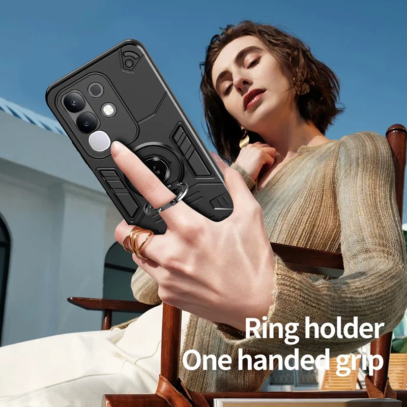 For vivo Y29 4G Case with Ring Holder Kickstand PC + TPU Anti-Fall Phone Cover - Black