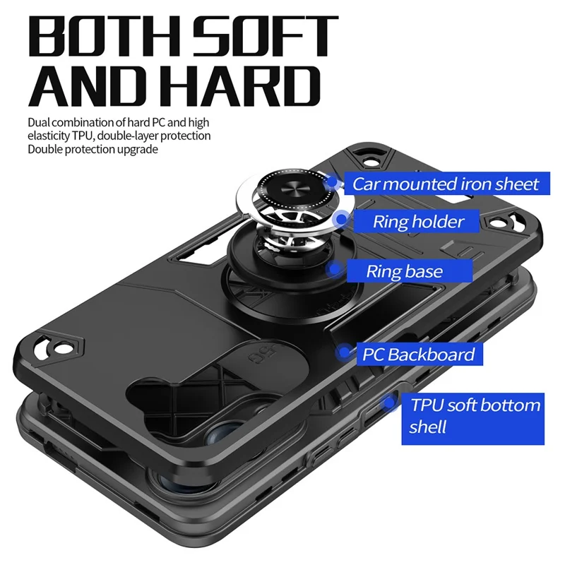 For vivo Y04 4G / Y29s 5G Case with Ring Holder Kickstand PC + TPU Anti-Fall Phone Cover - Black
