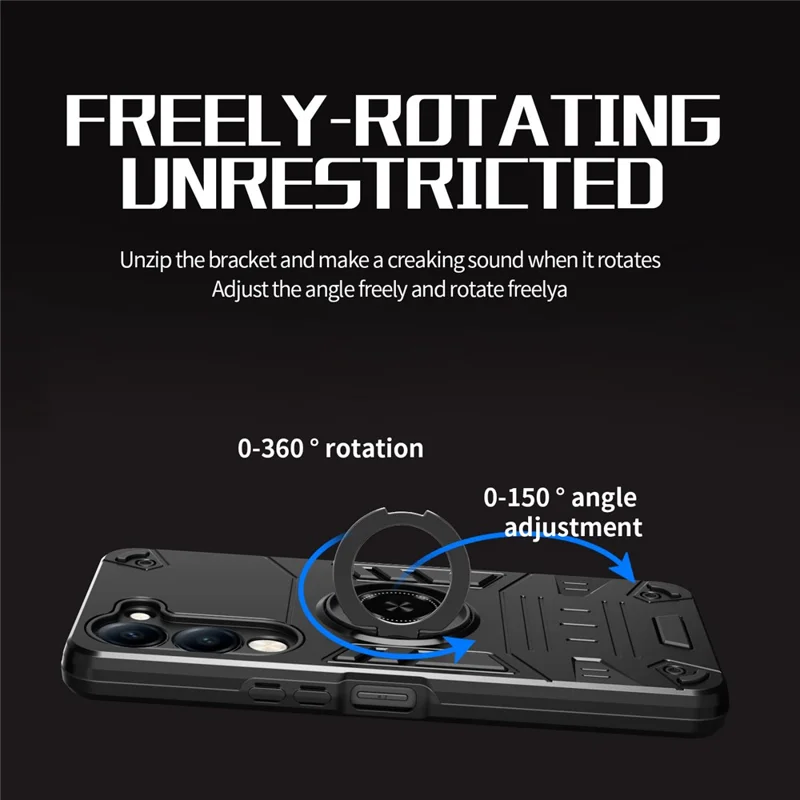 For vivo Y04 4G / Y29s 5G Case with Ring Holder Kickstand PC + TPU Anti-Fall Phone Cover - Black