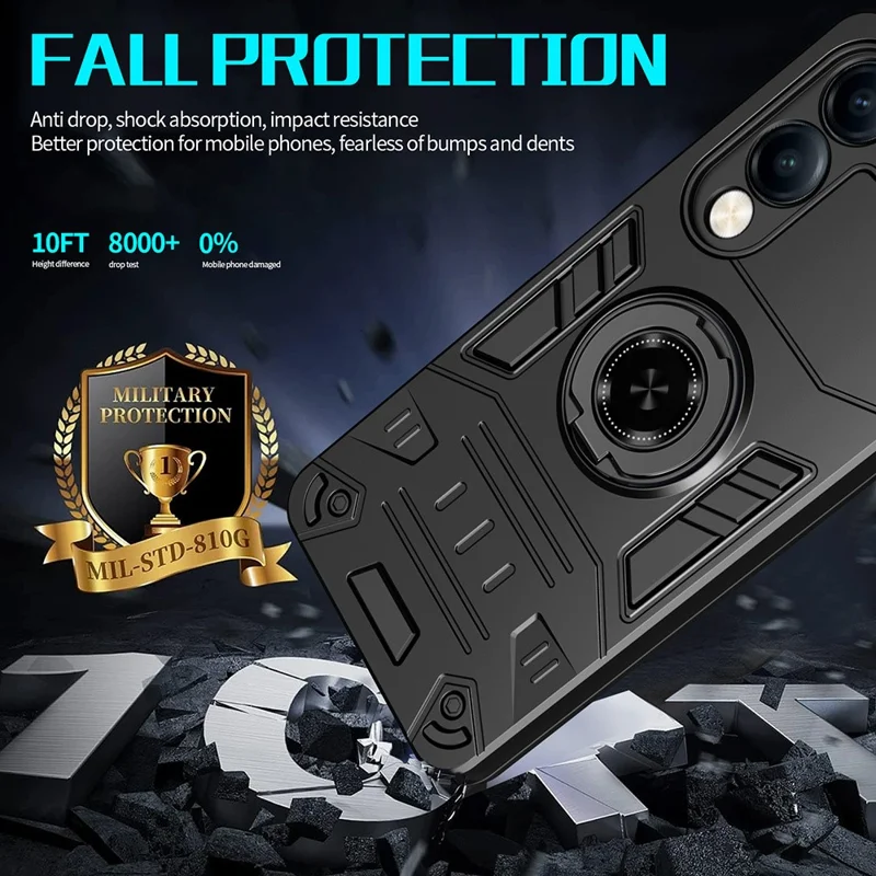 For vivo Y04 4G / Y29s 5G Case with Ring Holder Kickstand PC + TPU Anti-Fall Phone Cover - Black